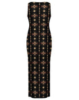 Baha Ranch Black and Tan Aztec Sleeveless Bodycon Side Slit Maxi Dress