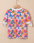 Floral Colorblock Stripe V-Neck Short Sleeve Blouse