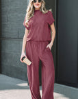 Corded Knit Mock Neck Tee and Pant Set