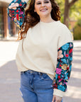 White Floral Patchwork Sleeve Textured Plus Size Pullover Top