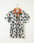 Leopard Buttoned Contrast Collar Short Sleeve Blouse