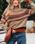Western Aztec Geometric Colorblock Crewneck Sweater