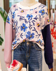 Floral Panel Colorblock Sleeve Crewneck Sweater