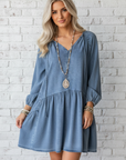 Denim Puff Sleeve Tie V-Neck Ruffle Dress