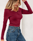 Lace Trim Ruched V-Neck Long Sleeve Top
