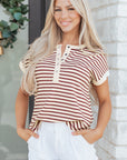 Stripe Half Buttoned Short Sleeve Top