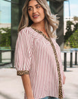 Stripe Leopard Trim V-Neck Buttoned Short Sleeve Shirt
