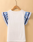 Floral Patchwork Flutter Sleeve Ricrac Trim Blouse
