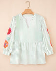 Floral Stripe Puff Sleeve Notched V-Neck Blouse