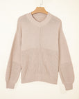 Ribbed Patchwork Textured Knit Puff Sleeve Sweater