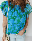 Floral Ruffle Sleeve Keyhole Back Blouse