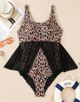 Leopard Mesh Patchwork V-Neck 3/4 Sleeve Swimsuit
