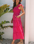 Stripe Smocked Bodice Flutter Sleeve Tiered Maxi Dress
