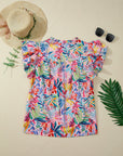 Floral Frilled Notch Neck Ruffle Sleeve Blouse