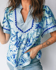Floral Scalloped Ricrac Trim V-Neck Blouse