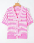 Stripe Bow Tie V-Neck Short Sleeve Sweater