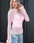 Lace Mock Neck Flounce Long Sleeve Top