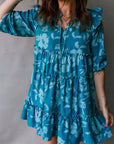 Flower 3/4 Sleeve Ruffle Tiered Dress