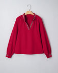 Leopard Contrast Trim V-Neck Long Sleeve Blouse