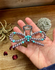 Pearl and turquoise magnesite bead bow hair clips