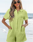 Textured Short Sleeve Patch Pocket Buttoned Romper