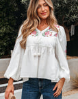Floral Lace-Up V-Neck Babydoll Blouse