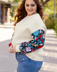 White Floral Patchwork Sleeve Textured Plus Size Pullover Top