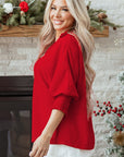 Solid Collared V-Neck Smocked 3/4 Sleeve Top