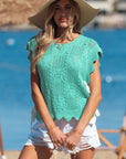 Pointelle Knit Scallop Trim Short Sleeve Sweater