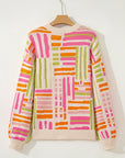 Geometric Stripe Crewneck Puff Sleeve Sweater