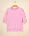 Floral Eyelash Lace Patchwork 3/4 Sleeve Tee