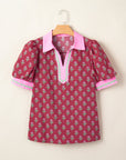 Floral Contrast Collared V-Neck Ricrac-Trim Blouse