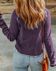 Solid Waffle Knit Round Neck Long Sleeve Top