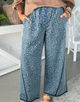 Leopard Exposed Seam Wide Leg Drawstring Jeans