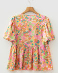 Flower Split V-Neck Short Sleeve Blouse