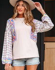 Floral Plaid Patchwork Puff Sleeve Blouse