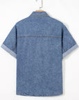 Denim Buttoned Flap Pocket Cuffed Short Sleeve Shirt