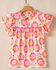 Floral Ricrac Trim Ruffle Sleeve Blouse