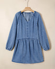 Denim Puff Sleeve Tie V-Neck Ruffle Dress