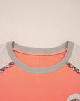 Plaid Flower Waffle Knit Patchwork 3/4 Sleeve Top