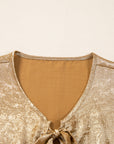 Metallic Tie Front 3/4 Puff Sleeve Peplum Blouse