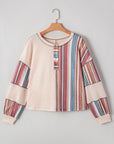Stripe Waffle Knit Patchwork Raw Edge Henley Top