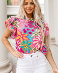 Chelsea Floral Print Trimmed Ruffle Sleeve Blouse