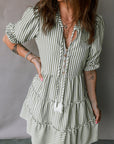 Stripe Tassel Tie-Neck Ruffle Tiered Dress