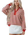 Stripe Buttoned Collared V-Neck Drop Shoulder Top