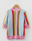 Stripe Pointelle Knit 3/4 Sleeve Sweater