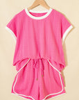 Colorblock Textured Tee & Drawstring Shorts Set