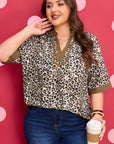 Plus Size Leopard Patchwork Crinkled V-Neck Blouse
