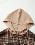 Plaid Quarter-Button Patchwork Long Sleeve Hooded Blouse