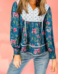 Floral Stripe Patchwork Long Puff Sleeve Blouse